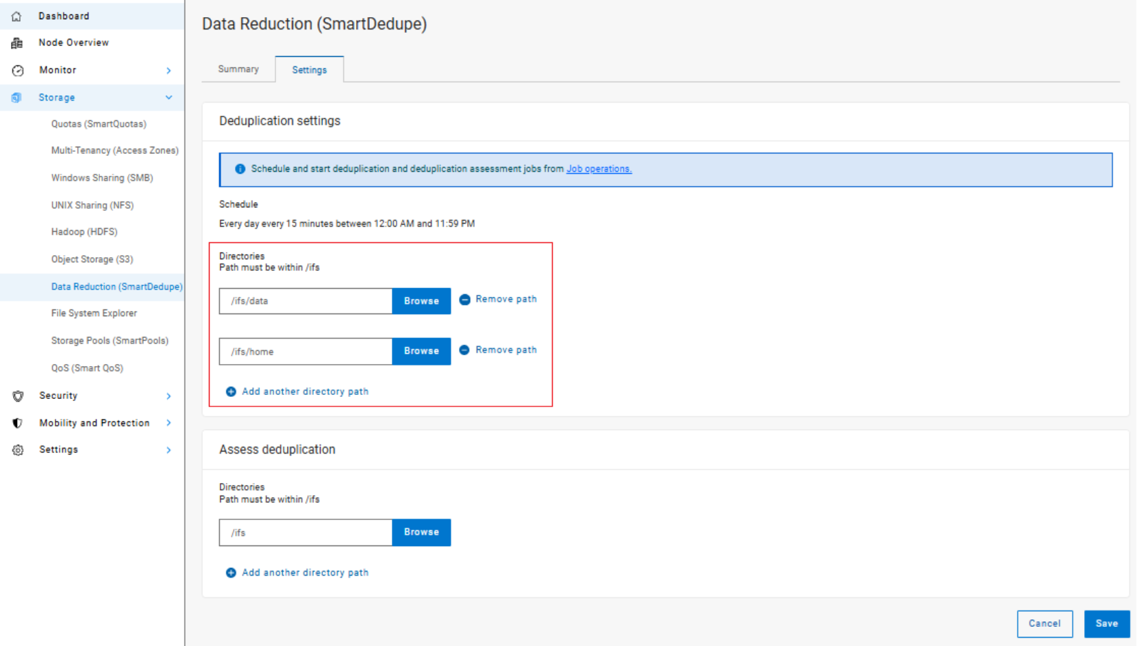 Screenshot of a software interface showing Data Reduction (SmartDedupe) settings with tabs for Summary and Settings. The Settings tab displays deduplication schedule set to run every 15 minutes between 12:00 AM and 11:59 PM, directory paths for deduplication and assessment, and options to browse or remove paths, with buttons to cancel or save changes.