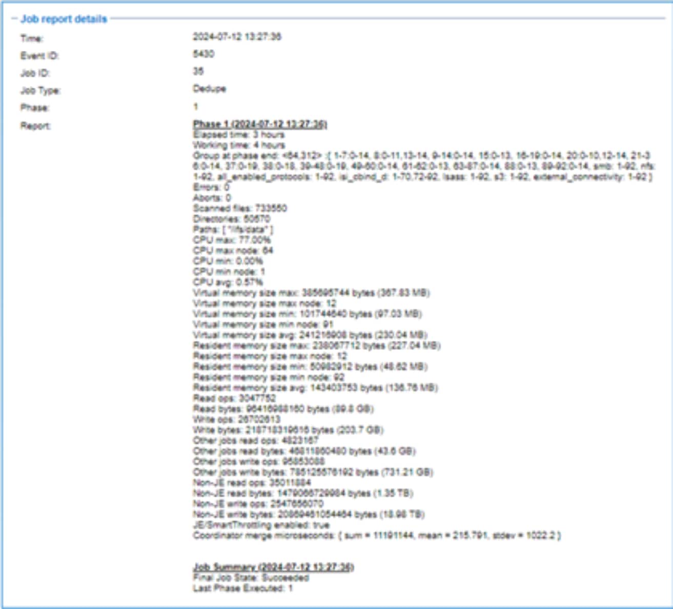 Screenshot of a job report detailing deduplication process statistics, including elapsed time, working time, group phase errors, and CPU/memory usage metrics. Key data points include virtual memory size, resident memory size, write bytes, and job read/write speeds, with timestamps and job identifiers provided at the top and bottom.