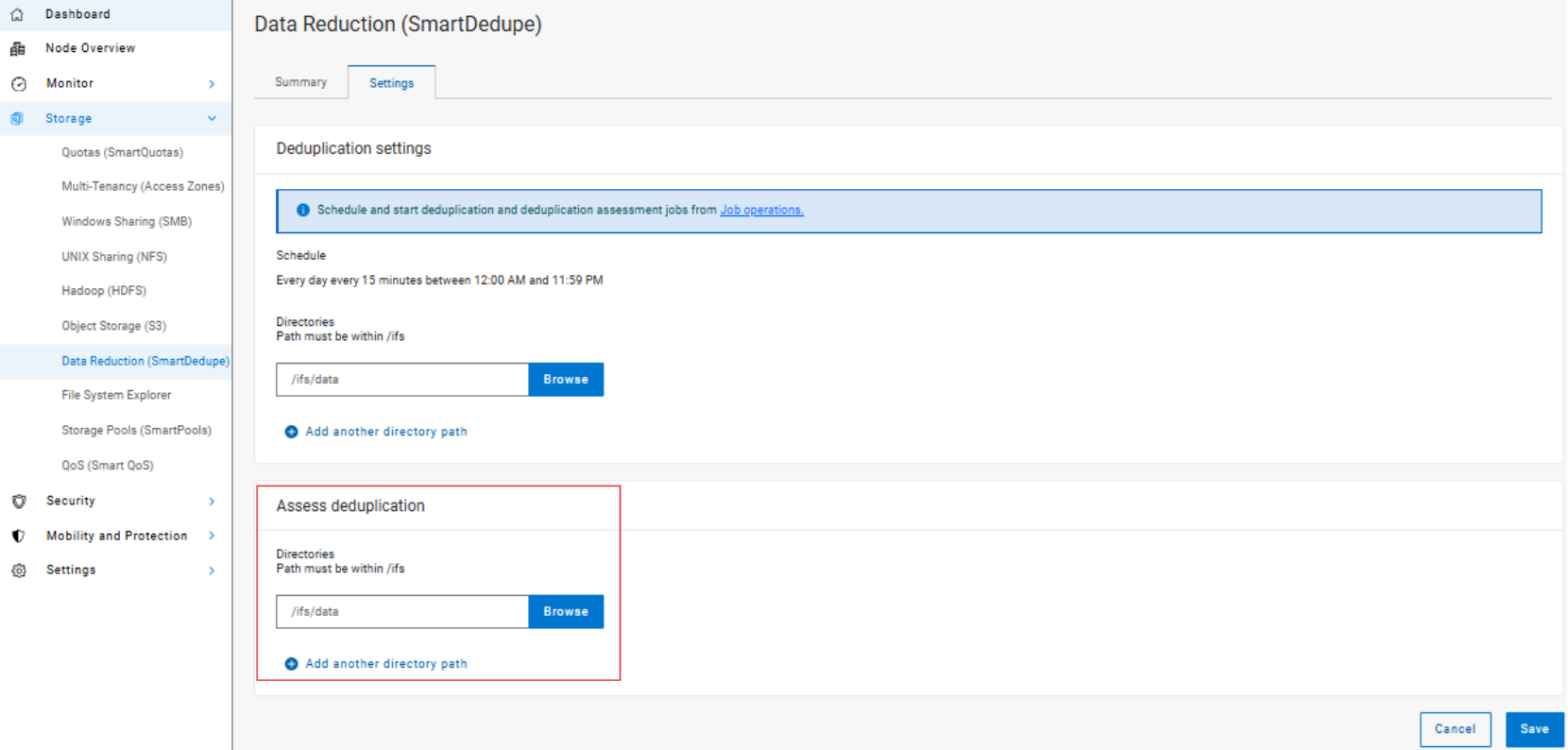 Screenshot of a software interface showing Data Reduction (SmartDedupe) settings for deduplication and assessment jobs. The interface includes schedule options for running jobs daily, directory path input fields with browse buttons, and tabs for Summary and Settings.