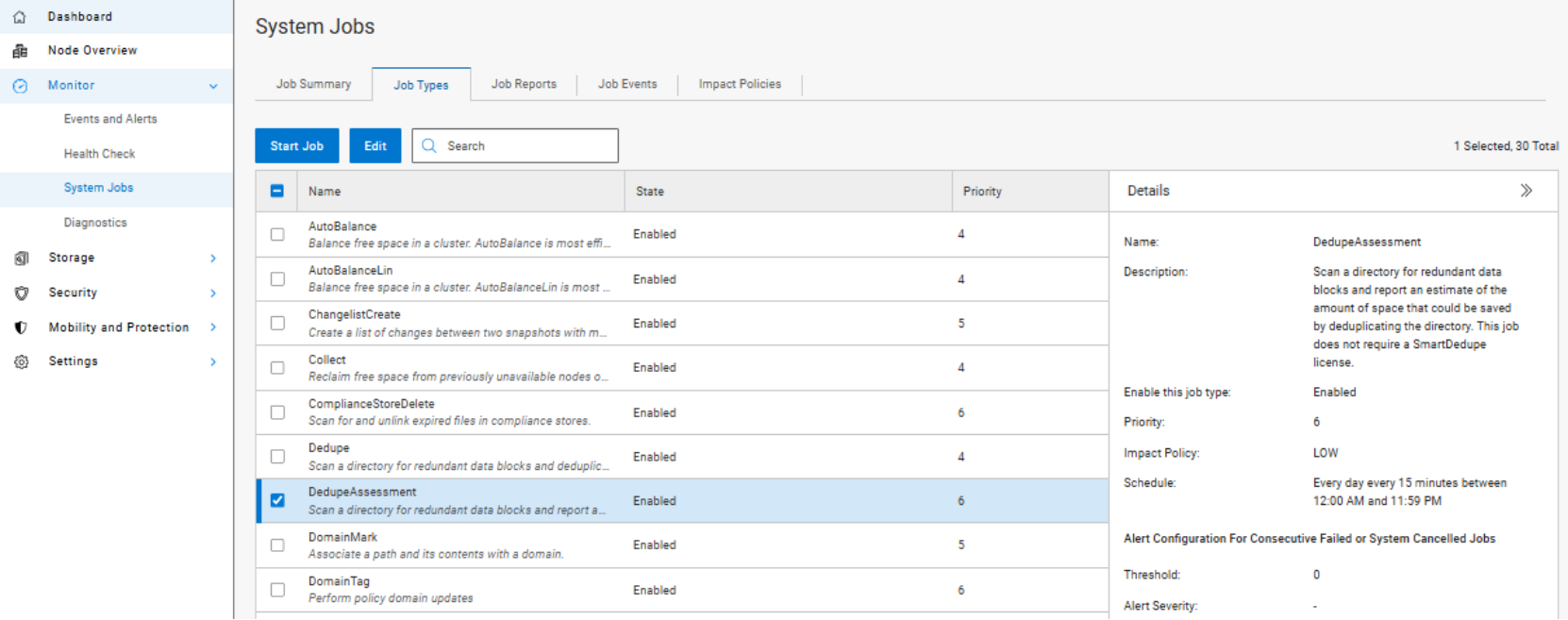 Screenshot of a system jobs management interface displaying a table of job names, statuses, priorities, and details. The table highlights a selected job named "Deprovisioner" with information about its description, enablement status, priority level, impact policy, schedule, and alert configuration.