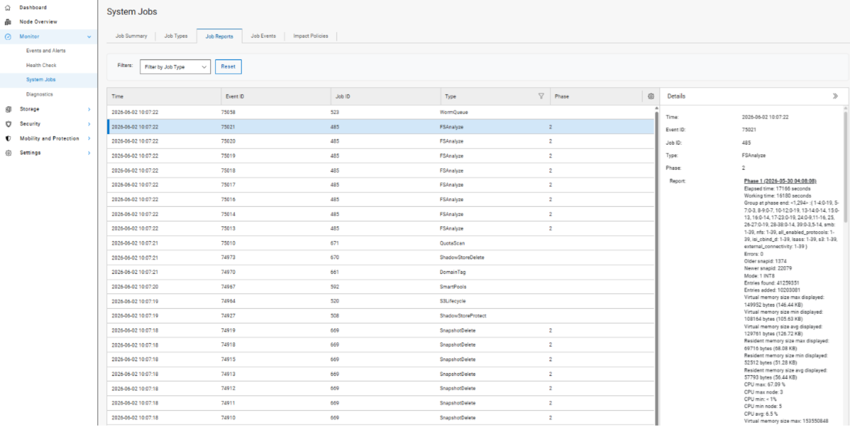 The figure shows a OneFS Job Engine job report in the WebUI, listing job events with date, event ID, job ID, type, phase, and details, alongside a pane displaying detailed status updates for a selected job.