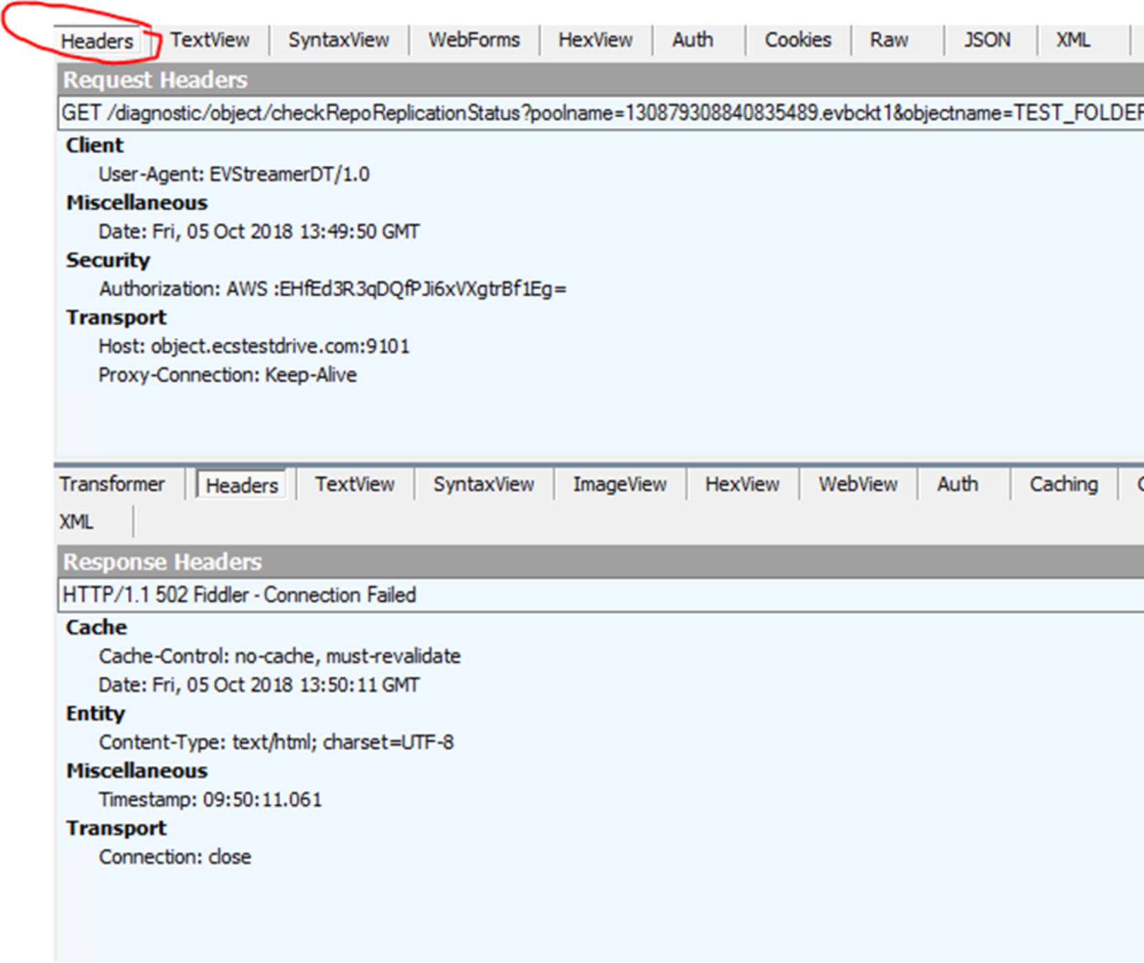 Fiddler header and response