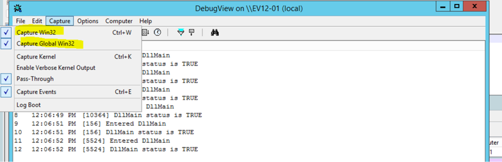 DebugView settings