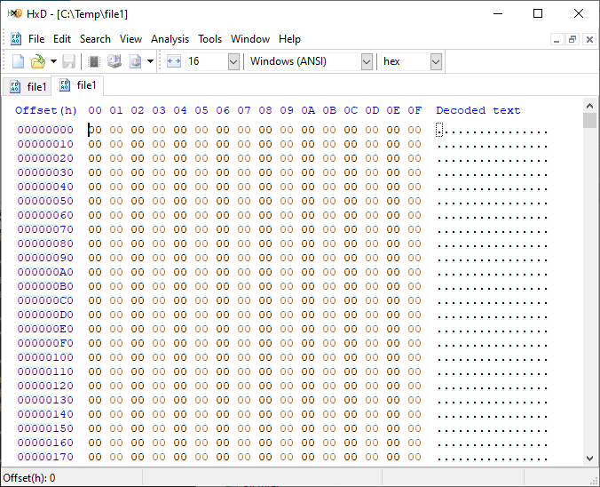 A screenshot of a test file created with default parameters being examined in a hexadecimal editor. The entire file is populated with 00.