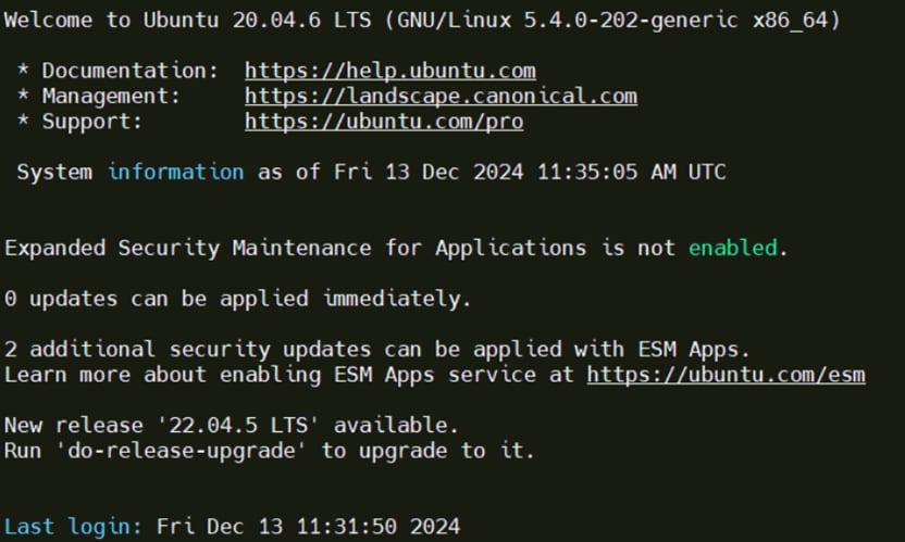 Ubuntu Server 20.04.6 LTS welcome screen