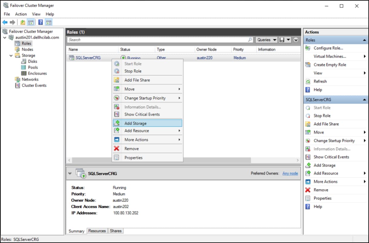 Add storage to the SQL Server role – step 1.