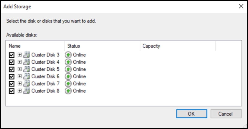 Add disk to the available pool in Failover Cluster Manager - step 2.