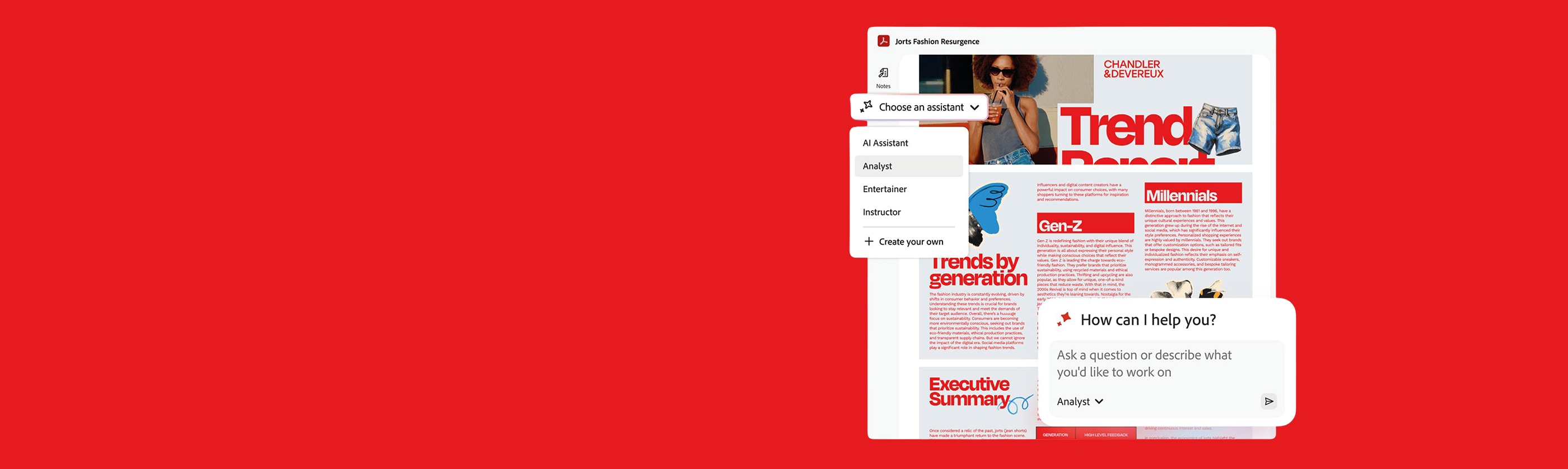 AI assistant dropdown menu and chat window over digital trend report on red background.