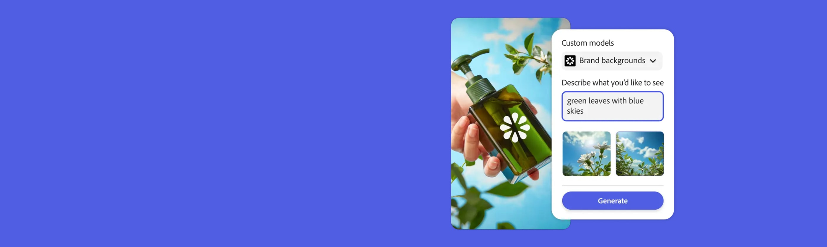 Hand holding green glass bottle with white flower logo against leafy branches and blue sky.