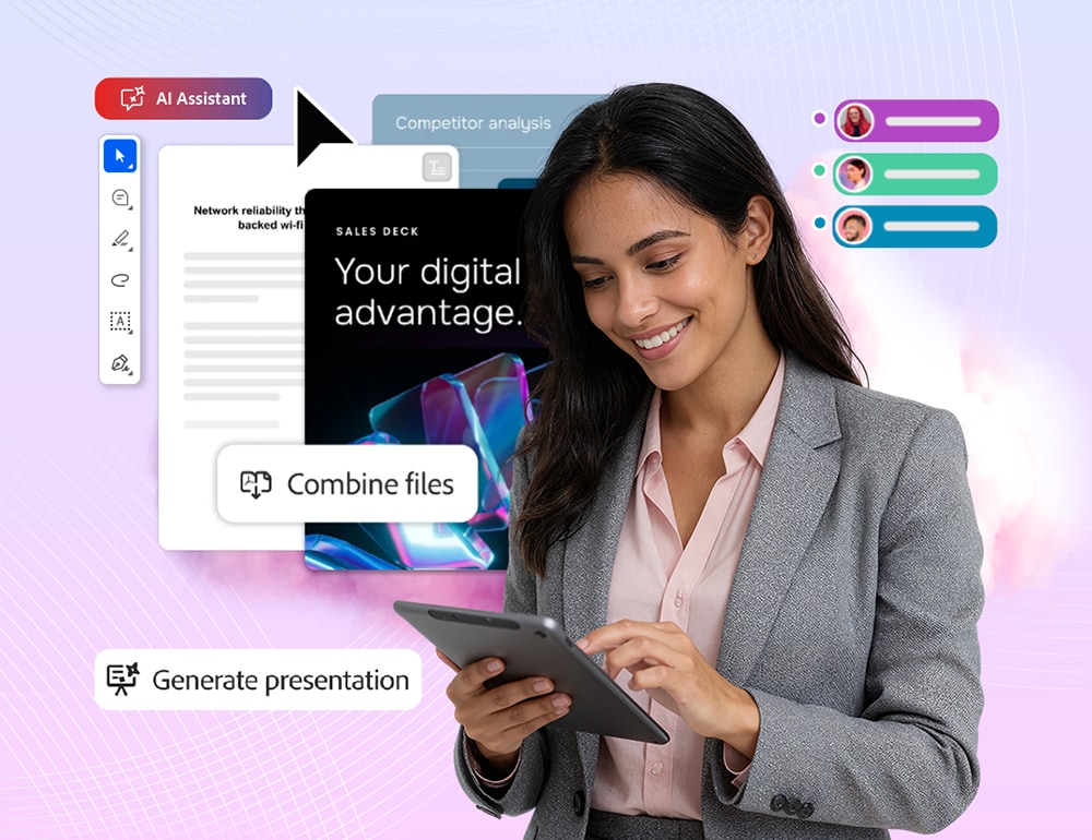 Woman in business attire using tablet with digital productivity interface overlays.