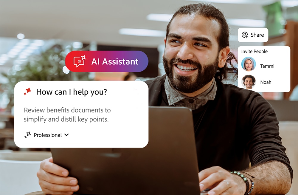 Person using a laptop in a modern office with AI assistant interface on screen.