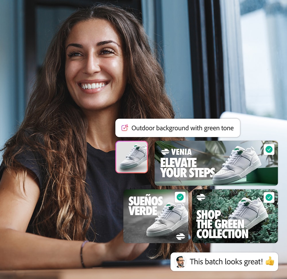 Smiling person in casual attire with banners promoting white sneakers against green outdoor backgrounds.