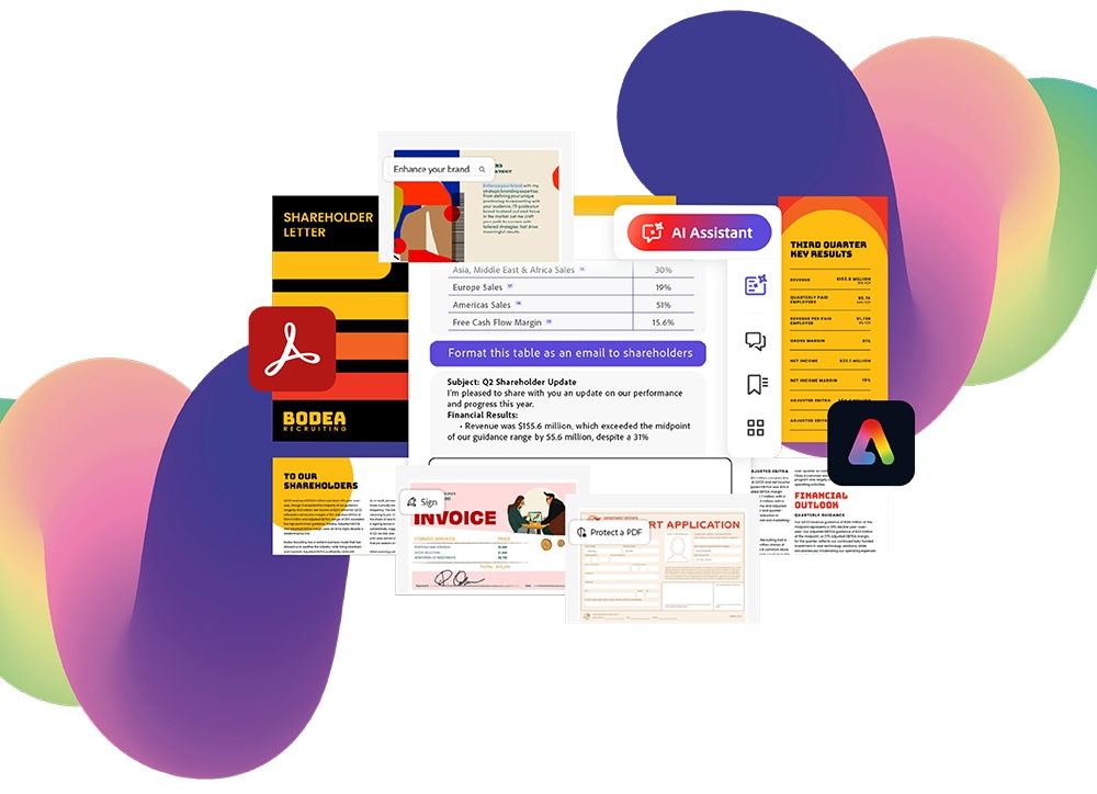 Business and financial documents with Adobe logos on abstract gradient background.