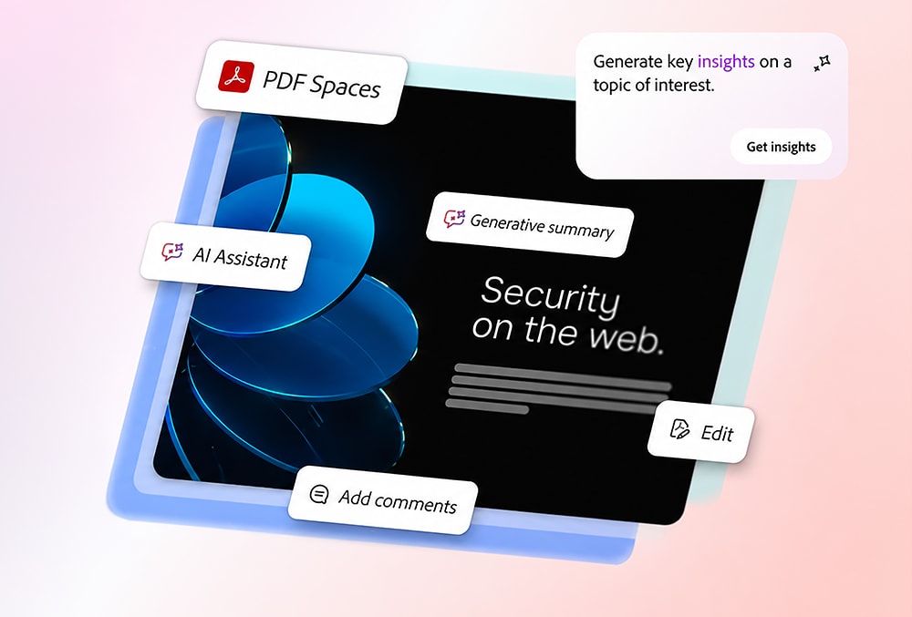 Web security platform interface highlighting PDF, AI, and editing features on a gradient background.