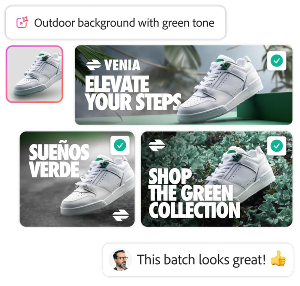 White sneakers with green details shown outdoors on green foliage.