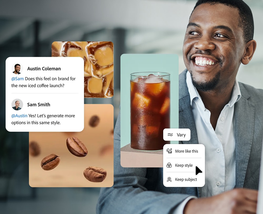 Smiling man with iced coffee and chat bubbles in a modern office setting.