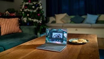 Silver Dell laptop and a plate of cookies on a wooden coffee table in a living room with a decorated Christmas tree.