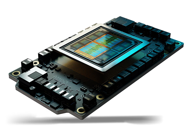 AMD Instinct GPU processor mounted on a dark circuit board, resting against a solid white background.