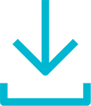 Cyan download icon with a downward arrow and a horizontal tray.