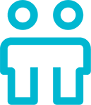 Cyan line-art icon of two interconnected figures standing together against a white background.
