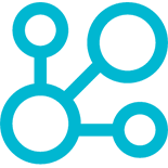 Teal modular icon with a central circle linked to three smaller outer circles.