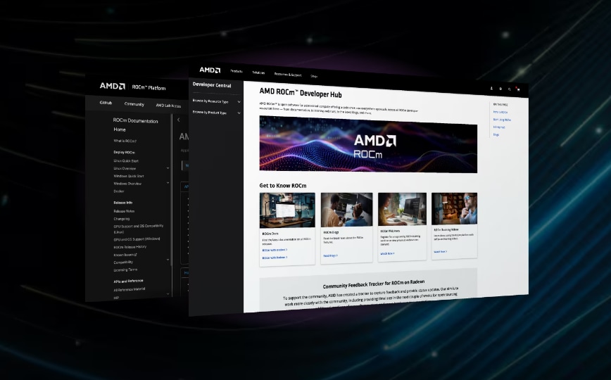 Tilted screens showing the AMD ROCm Platform and Developer Hub against a dark background with abstract glowing lines.
