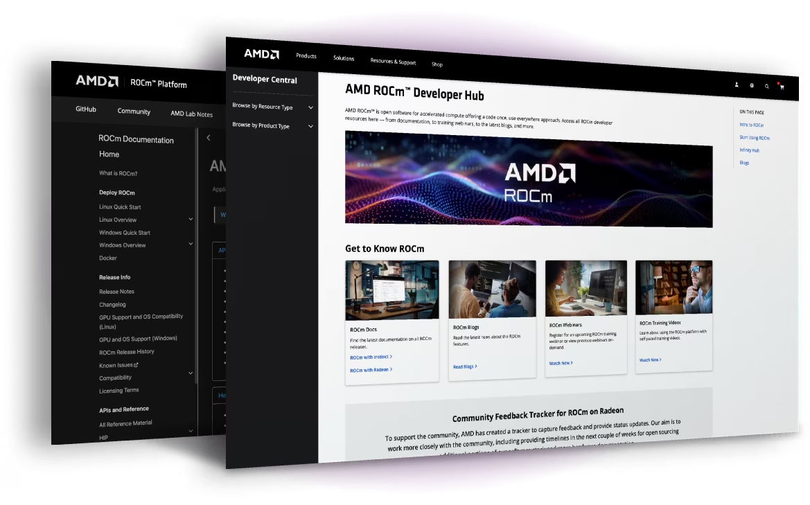 Floating web browser windows displaying the AMD ROCm Developer Hub and ROCm Platform documentation websites.
