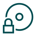 Teal line icon of a padlock overlapping a disc, representing data security.