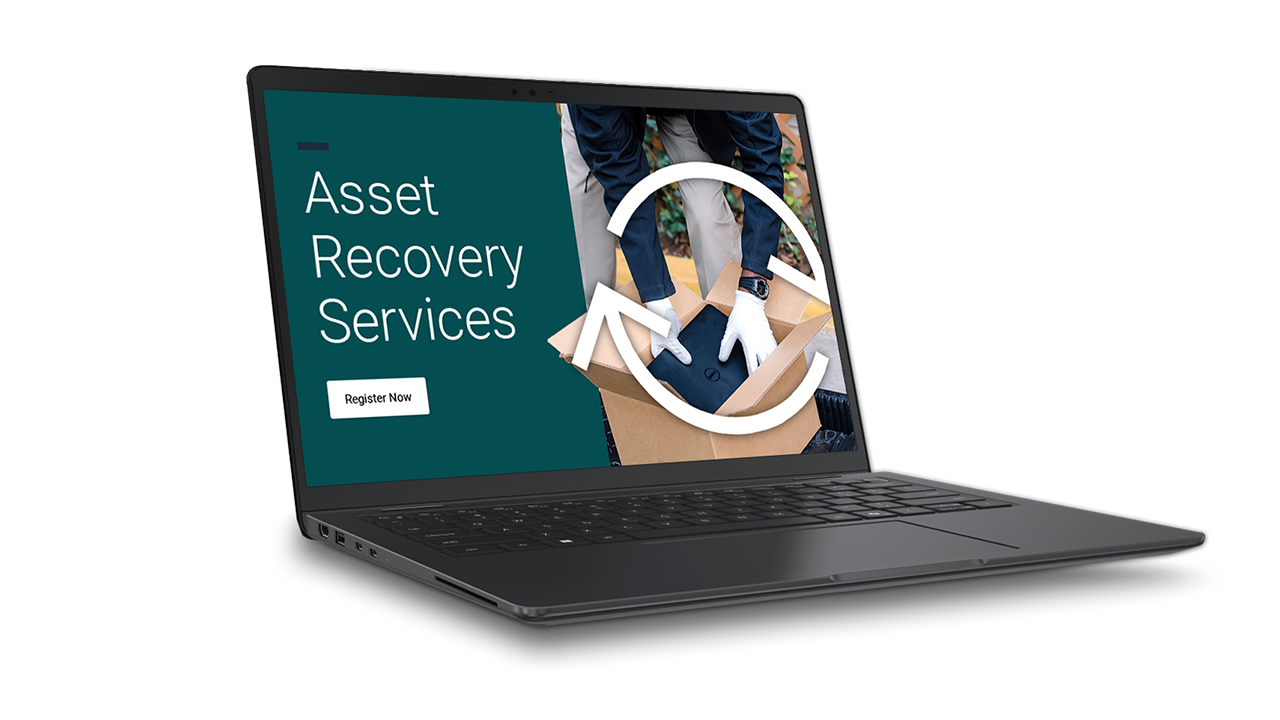 Right-facing Dell Latitude laptop with Asset Recovery Services screen and box collection graphic.