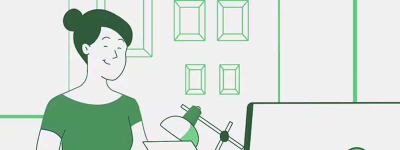 Illustrated woman at desk with lamp and monitor in a modern office.