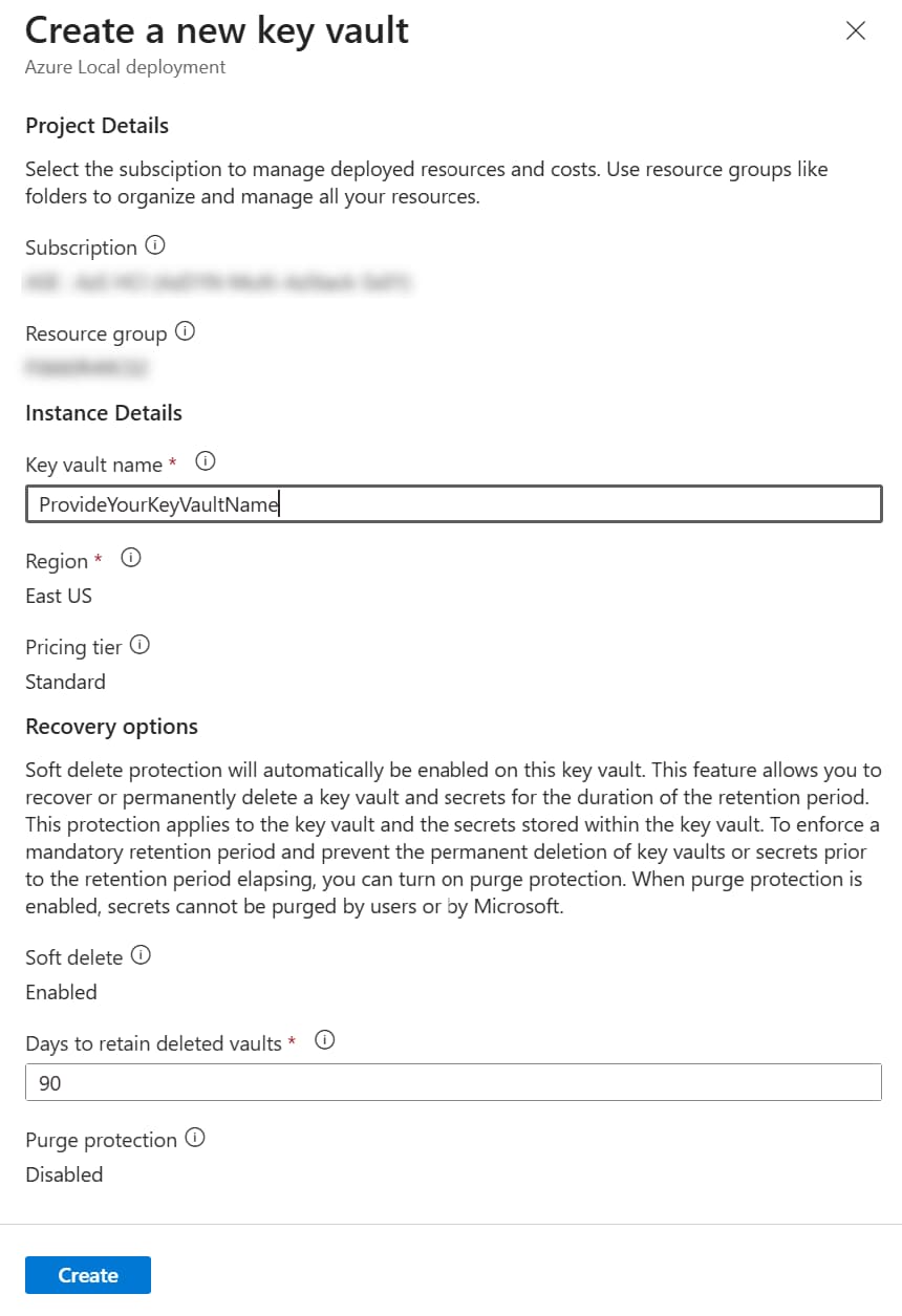 "Create a new key vault" window with details of key vault
