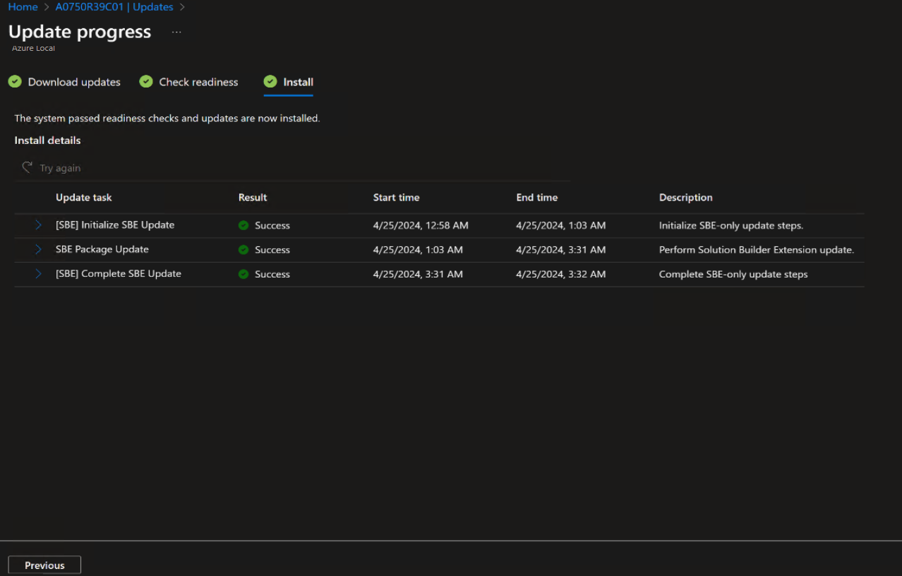 Successful installation of updates on a cluster