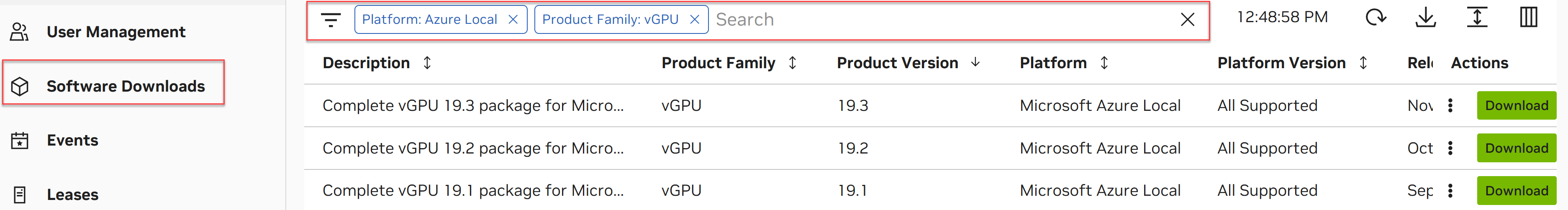 Shows two filter options selected to find GPU guest driver version to download