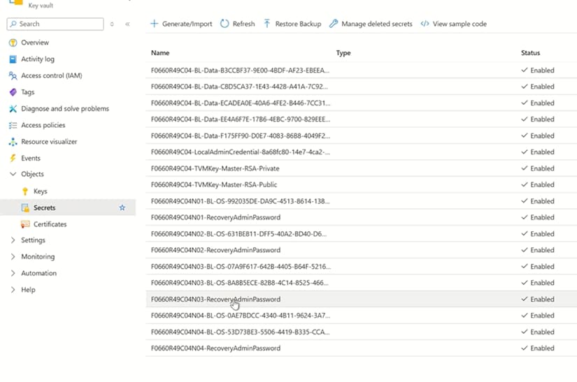 Screenshot of Sample Secrets of a Key Vault