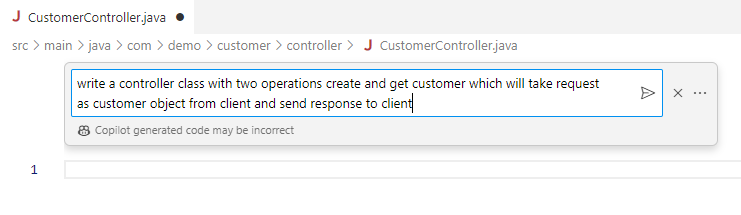 A screenshot of copilot prompt for creating a controller class with two operations.