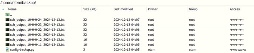 Copilot said: Screenshot of the /home/etem/backup/ directory showing configuration backup output files generated by a Python script. The directory contains multiple timestamped SSH output text files for different network devices, along with the executable config-backup.py script used to create the backups.