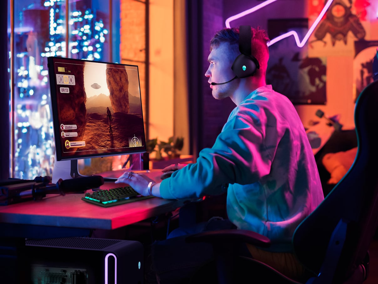 Gamer Playing Online Video Game on Desktop Computer