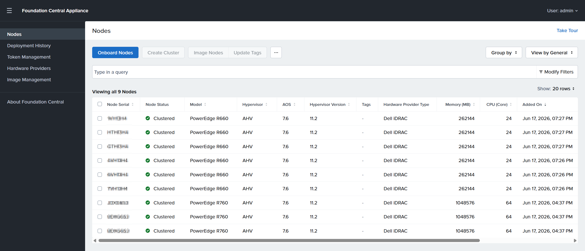 Screenshot of a software dashboard displaying a table of clustered nodes with details such as node state, model, hypervisor, tags, hardware provider, memory, and last update time. The interface includes navigation options on the left panel and filtering controls above the table, highlighting system status and resource allocation for foundation control appliances.