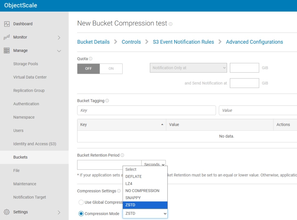 The figure shows the ObjectScale interface for creating a bucket compression test, with configuration options and the compression setting configured to ZSTD.
