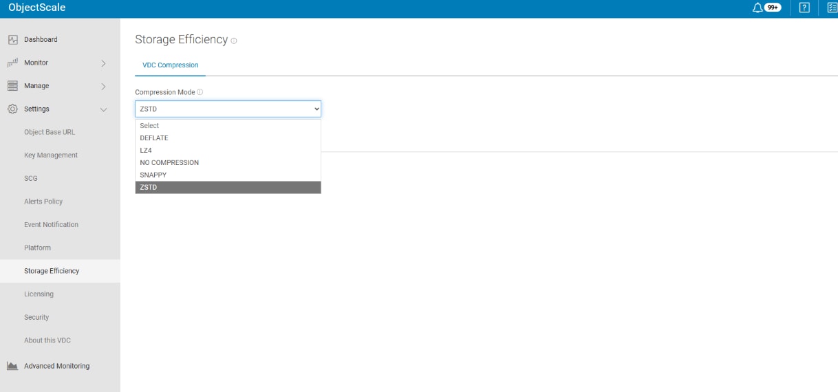 The figure shows a Storage Efficiency settings page with a compression mode drop-down menu, where ZSTD is selected from the options.