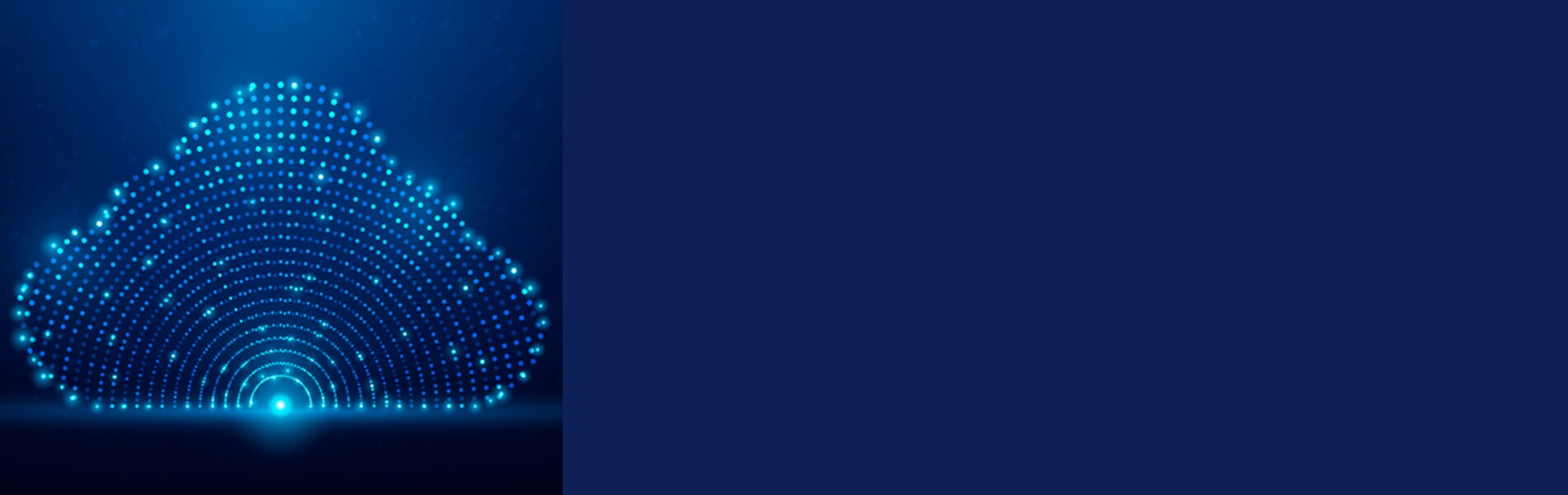 Blue digital cloud formed by glowing dots on left with dark blue background and empty space on right.