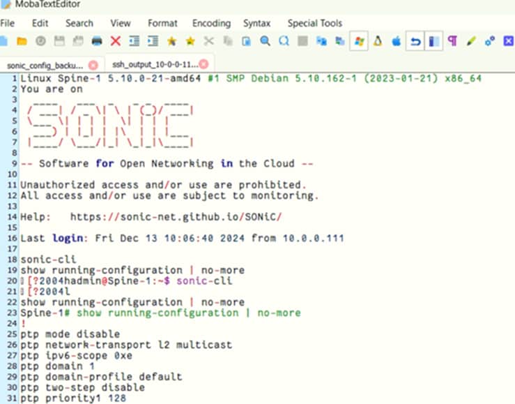 Copilot said: Screenshot of a text editor displaying the output of a SONiC network switch configuration file. The output shows the SONiC login banner and the results of the show running-configuration | no-more command
