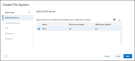 Create NFS file system in PowerMax – select the NAS server
