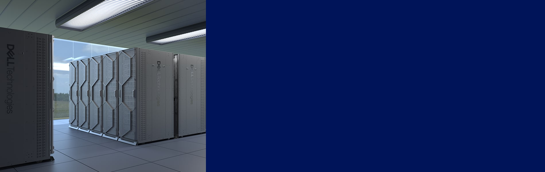 Dell server racks in a modern data center next to a large dark blue banner space.