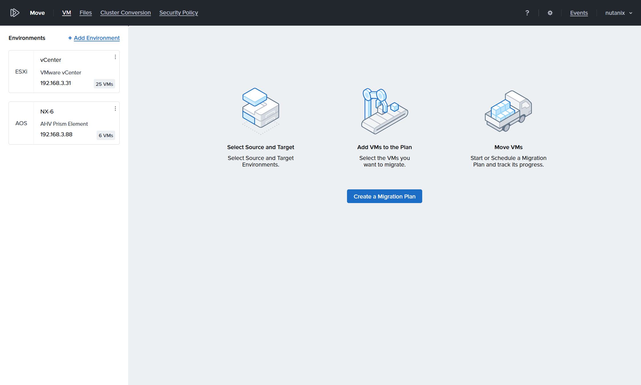 Screenshot of a software interface for creating a migration plan, showing three main steps with icons: selecting source and target environments, adding VMs to the plan, and starting or scheduling migration. The left panel lists two environments with their names, types, IP addresses, and VM counts, while a blue button labeled "Create a Migration Plan" is centered below the steps.