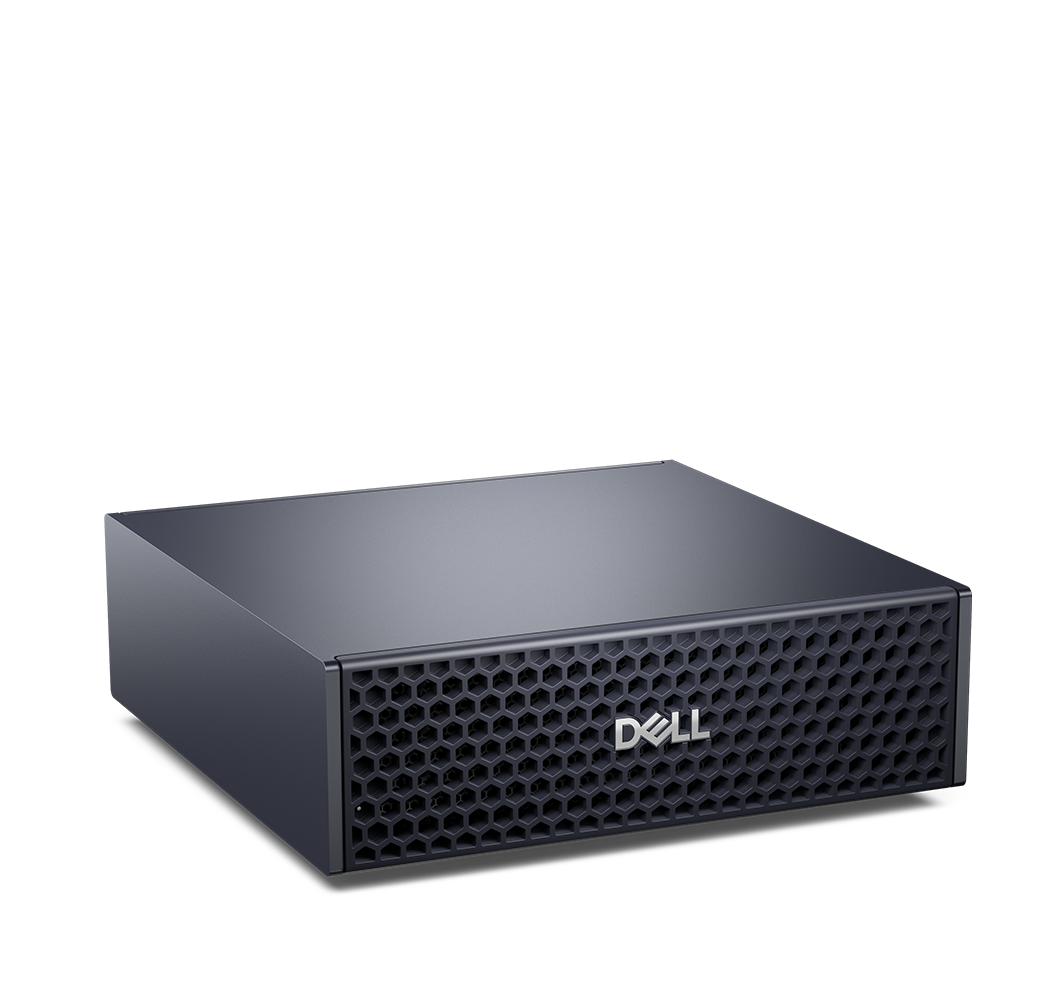 Dell Creator Edition micro desktop facing forward and angled slightly to the side with Dell logo shown