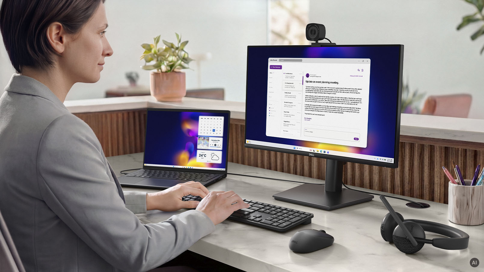 Professional workspace with Dell E2426HAM monitor, keyboard, mouse, headset, and webcam on a marble desk.