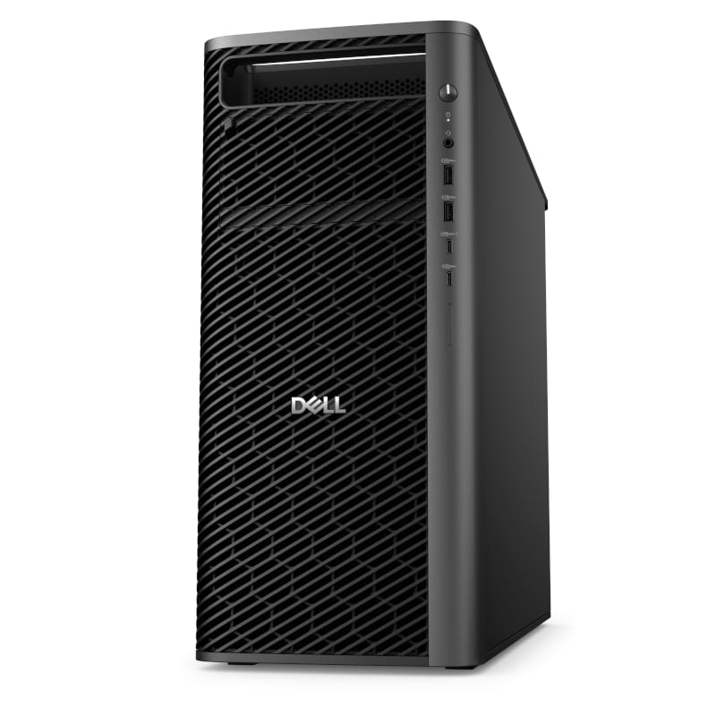 Dark gray Dell Pro Precision PW9T4260 tower desktop with a patterned mesh front panel isolated on a white background.