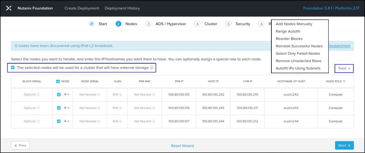 Deployment wizard step 2 specifying the servers for Nutanix.