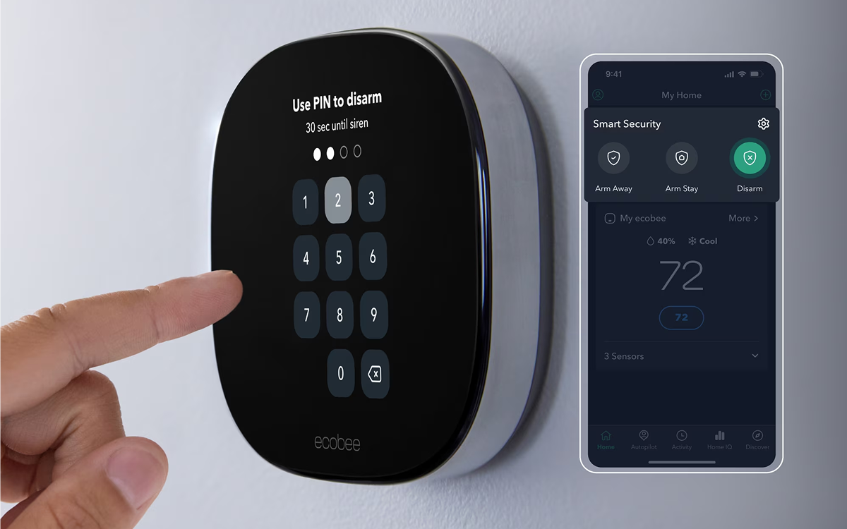 Wall-mounted Ecobee keypad with PIN entry, hand touching button, and smartphone app interface shown.